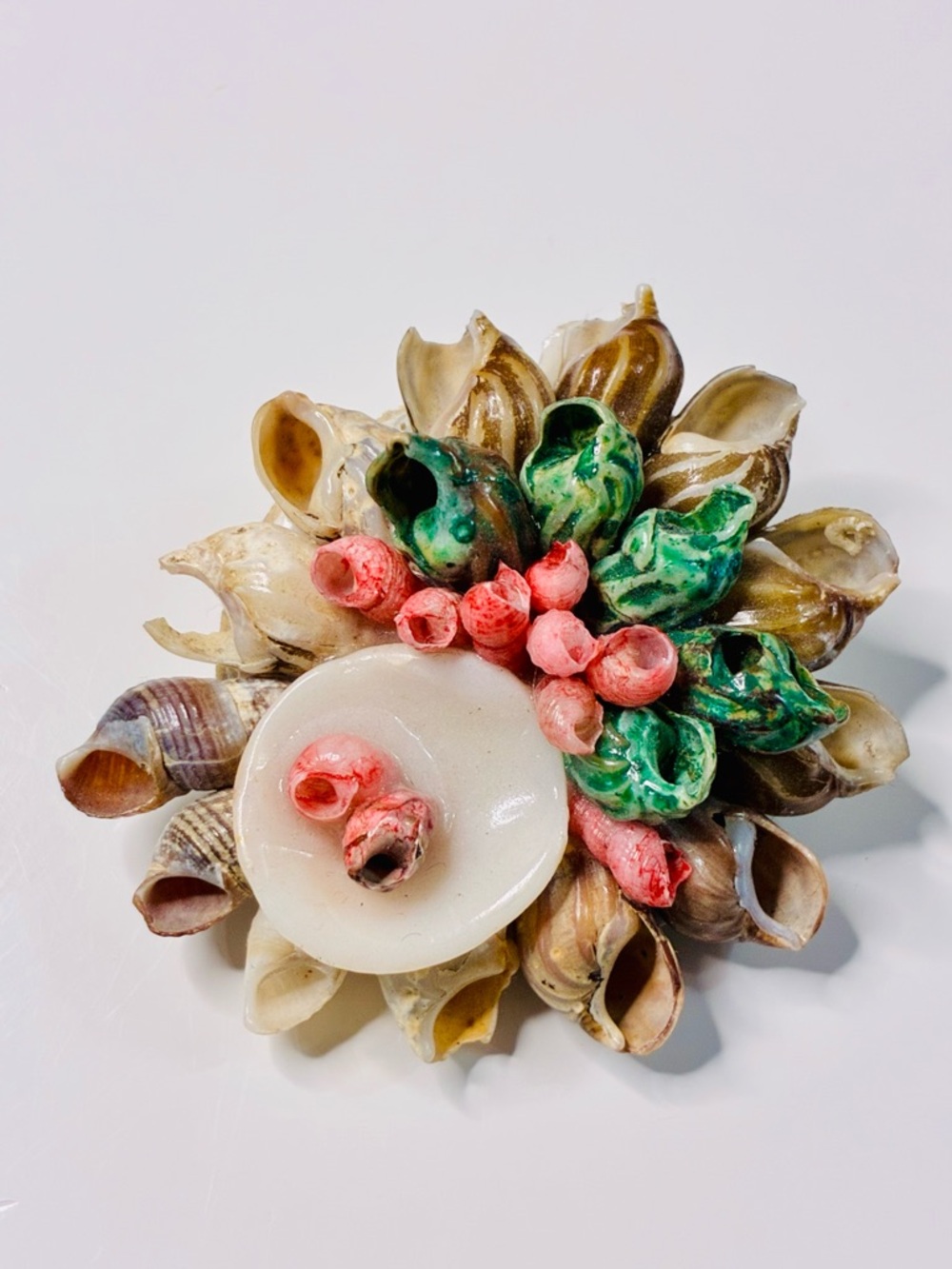 Source Unknown Shell Flower Brooch with Coral Pink and Green Accents